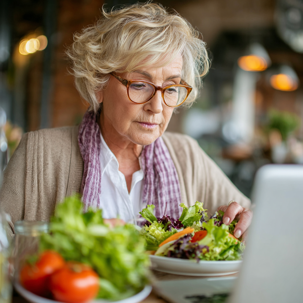 Жінка 58 років сидить за столом з ноутбуком, переглядає меню на екрані, поруч тарілка зі свіжим салатом