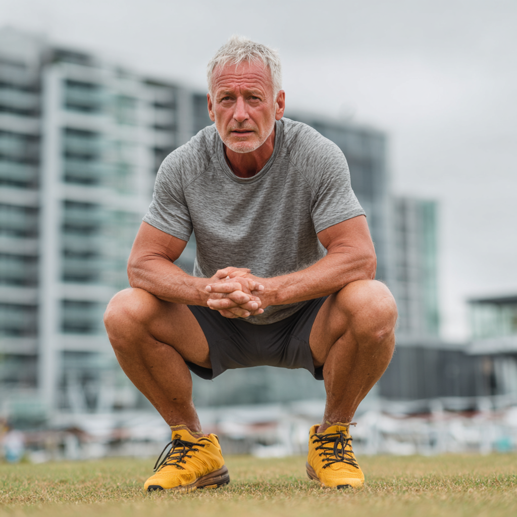 Активний чоловік 60 років займається спортом у парку, виглядає енергійно та здорово
