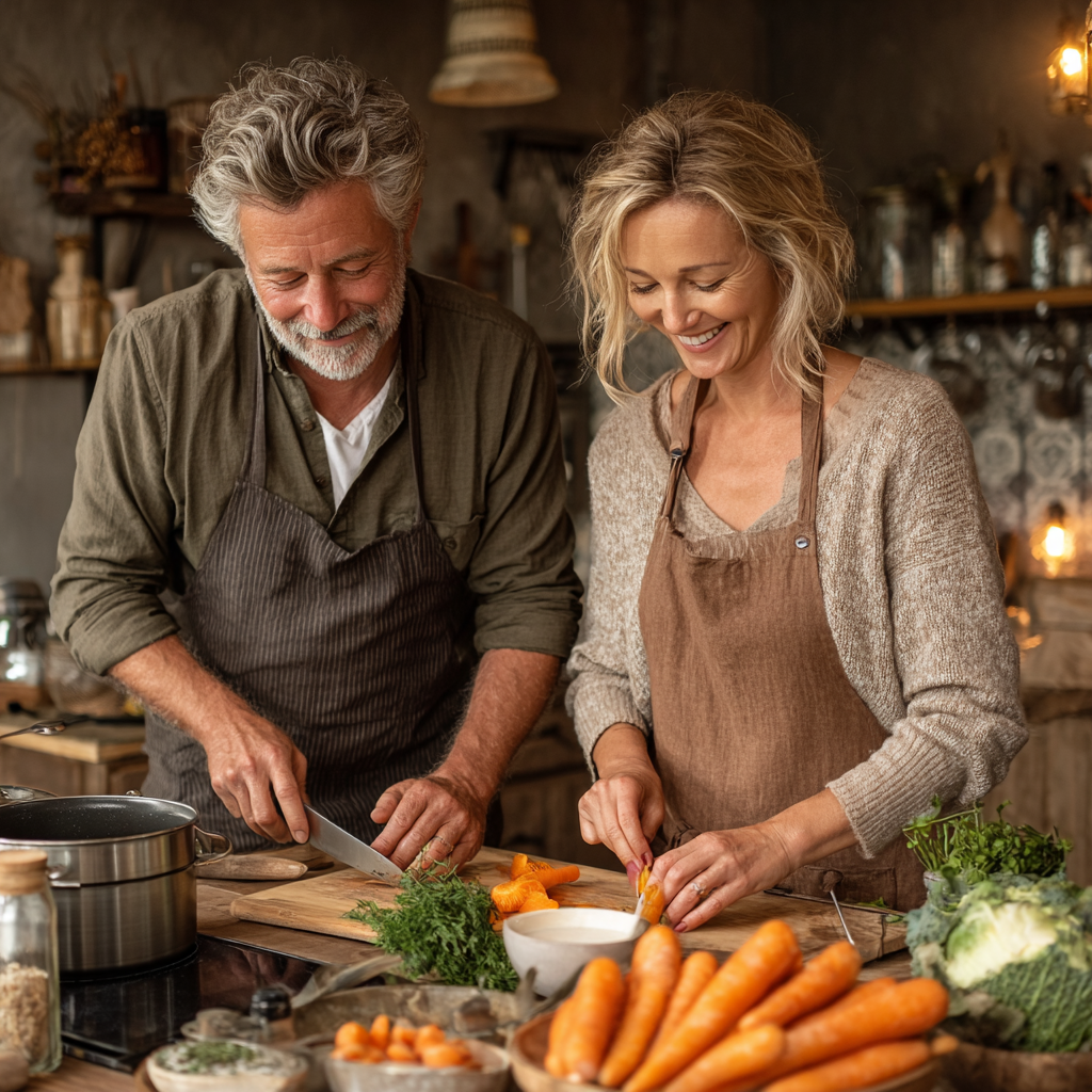 Пара віком 55-60 років разом готує здорову їжу на кухні, усміхається та виглядає щасливо