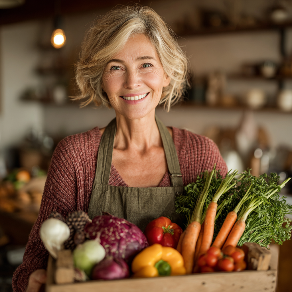 Щаслива жінка 55 років тримає в руках свіжі овочі та фрукти, усміхається, стоїть на кухні з натуральним освітленням